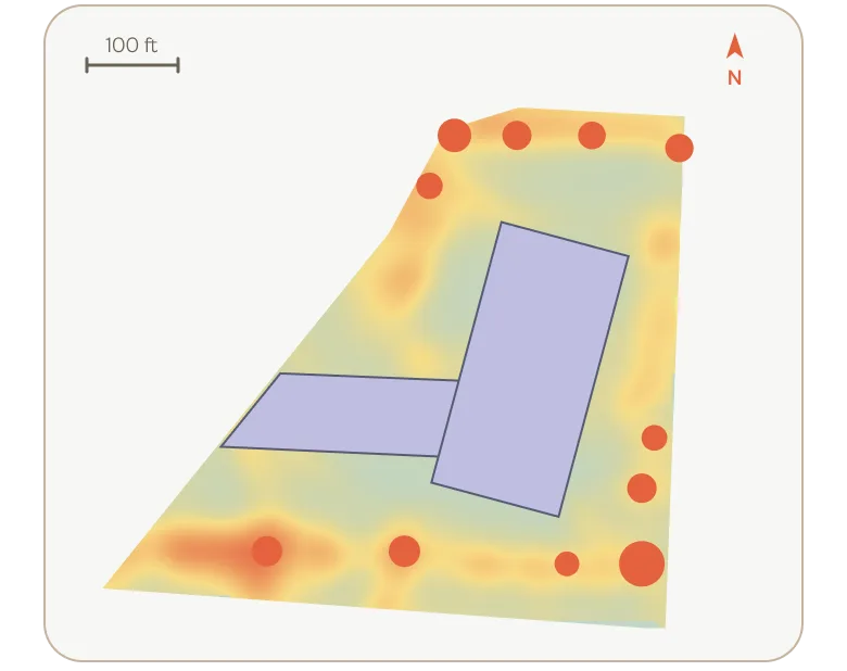 A site map marking the erosion hotspots across the property.