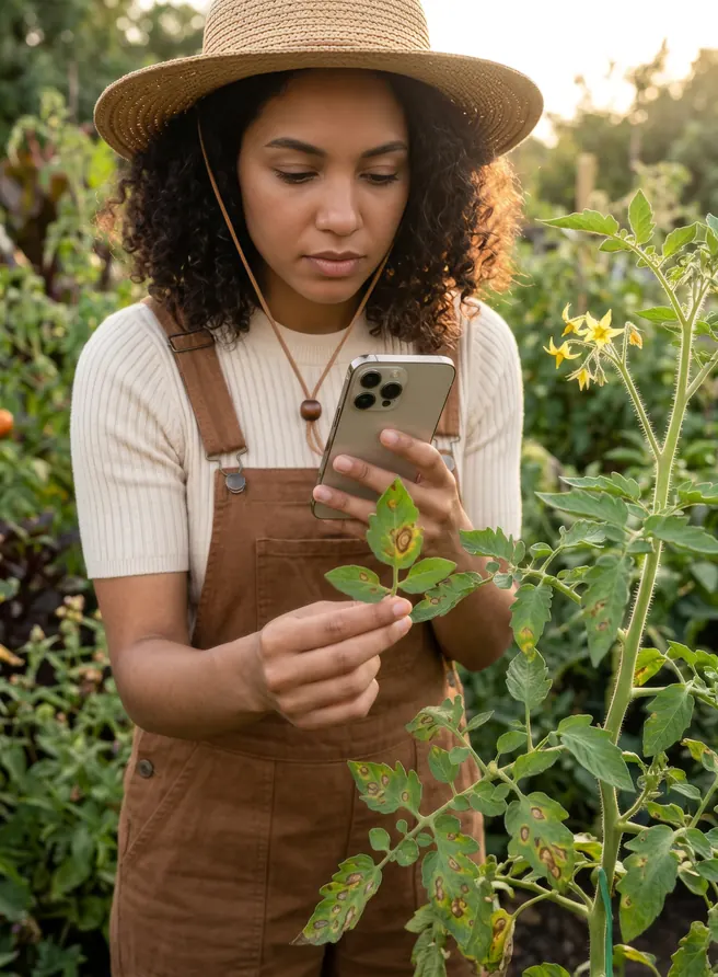 A gardener in a straw hat holds up a spotted tomato leaf and photographs it with her phone.