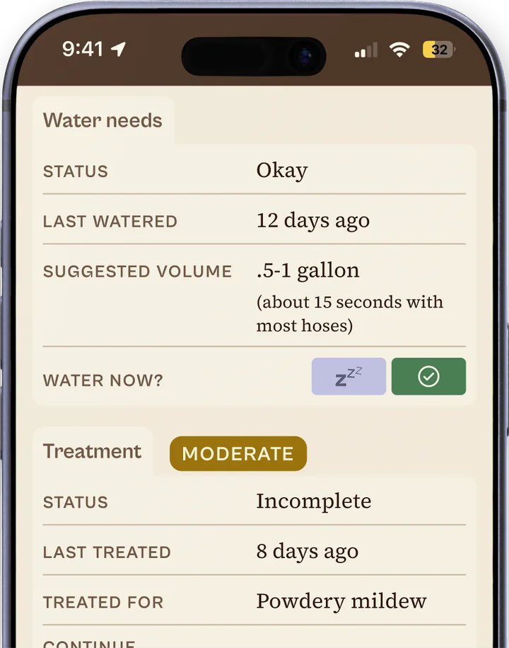 The Ezina app's care screen: water needs showing status Okay, last watered 12 days ago, a suggested volume, and a treatment section.