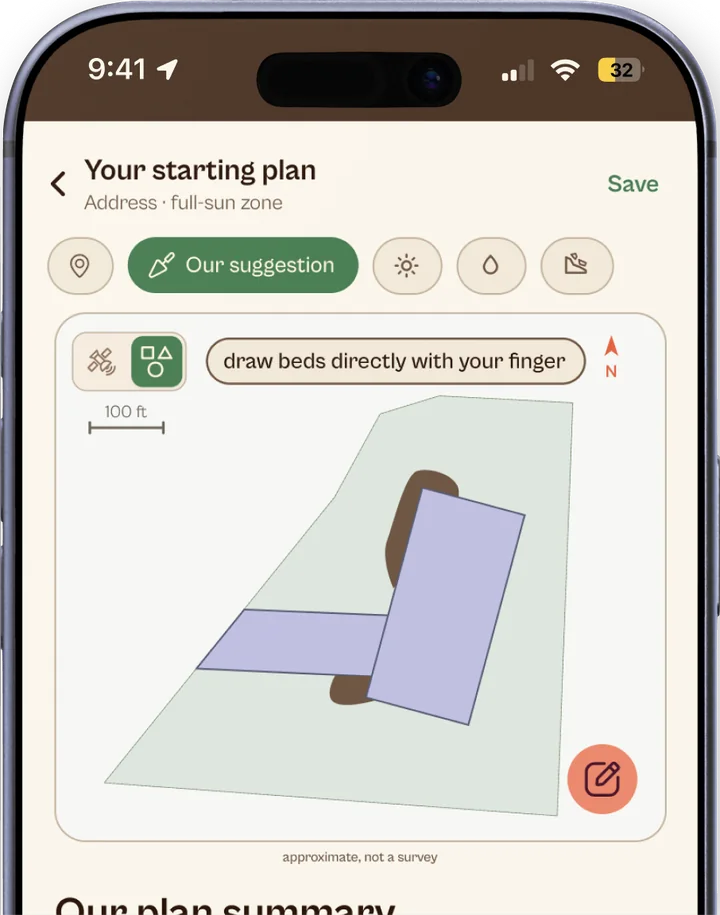 The Ezina Dig planner: a starting-plan site map with suggested garden beds you can draw with your finger.