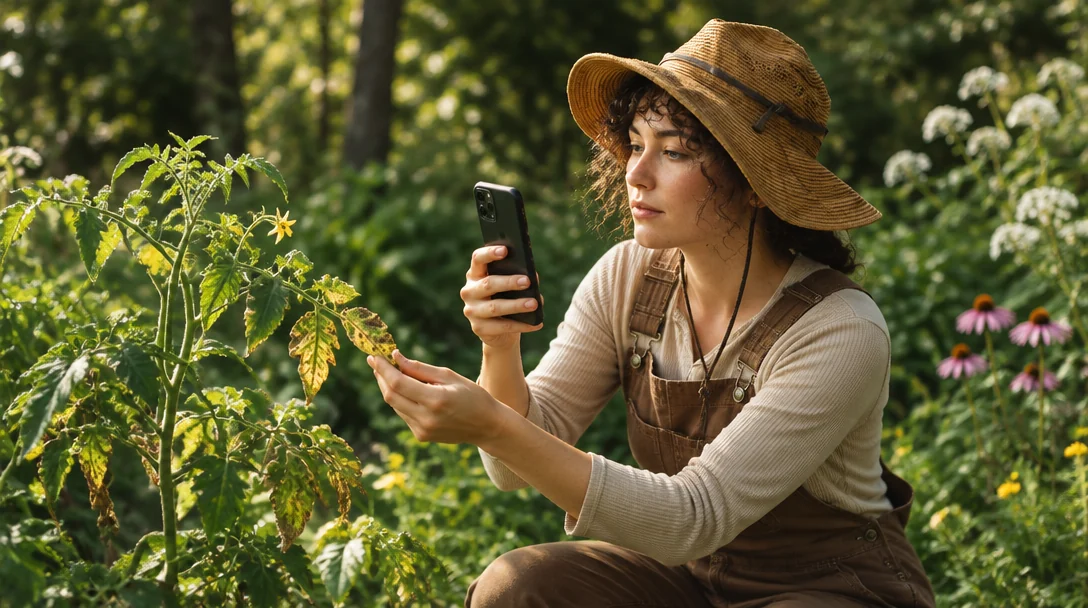 A gardener in a straw hat photographs the yellowing, spotted leaves of a tomato plant.